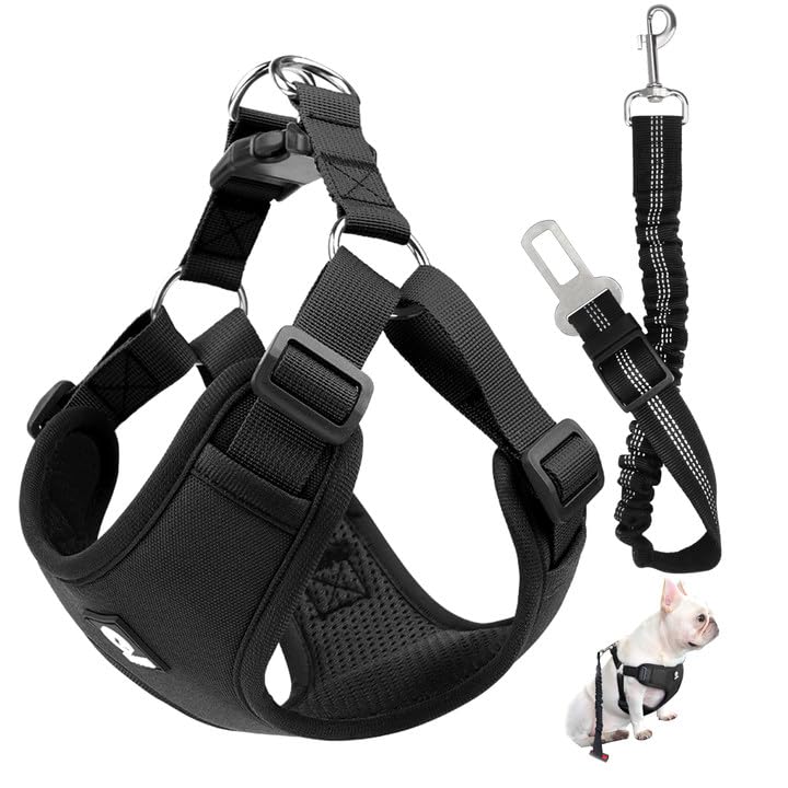 Hondentuig met veiligheidsgordel voor auto, zacht ademend mes, honden veiligheidsgordel voor auto, verstelbare elastische band, autostoelgordel honden, 53-74 cm, voor autostoel bevestiging (zwart, S