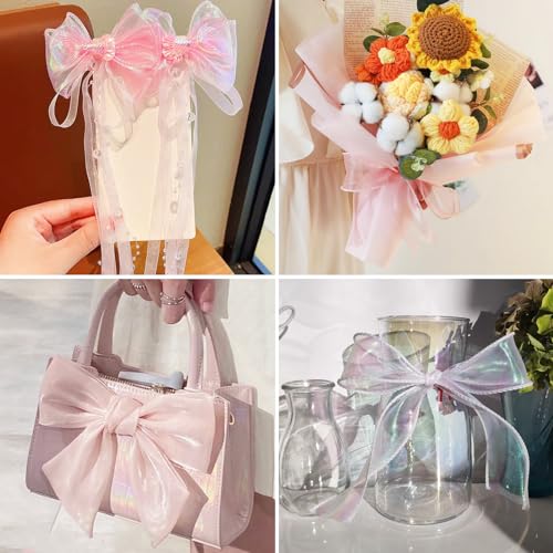 3 Rolls Polyester Iridescent Ribbon 60mm Sparkling Sheer Chiffon Ribbon Glittering Craft Decoratieve Ribbon voor Cadeau Wrapping, Bouquet Decoratie, Pearl Pink 4