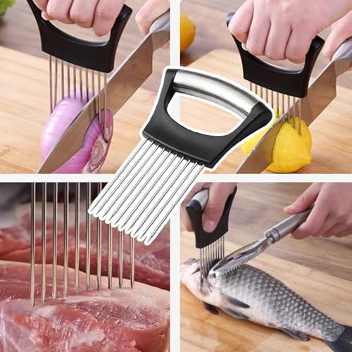 Roestvrij stalen ui houder met tanden Roestvrij stalen uiensnijder, voedselsnijder, nieuwe roestvrij stalen ui schijfhouder, citroenslicer, voor het snijden van citroen, Aardappelen 4