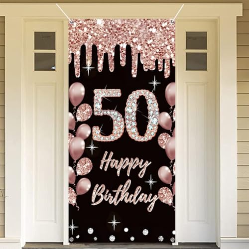 50e verjaardag decoratie voor vrouwen gelukkig 50e verjaardag poster deur banner zwart en roos stof teken muur / deur banner 50e verjaardag achtergrond banner vrouw verjaardag feest welkom teken 5