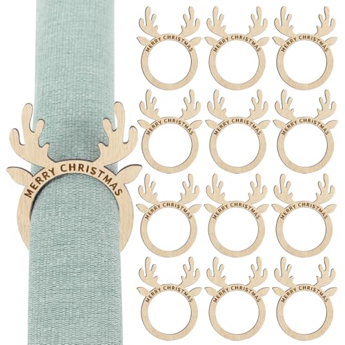 12 stuks Kerst Napkin Ringen, Houten vrolijk kerstnapkin houder, Antler Napkin Buckles voor Kerstdiner Tafel Instellingen Decoratie