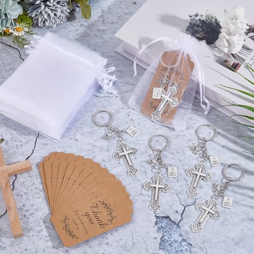 20 st. Heilige Kruishangers, Legering Sleutelhangers met Kruishanger voor Doop met 20 Papieren Kaarten en 20 Polyester Zakken voor Pasen Gebed 4