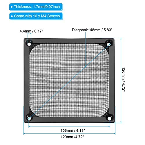 120 mm ventilatorfilter, schroefrooster, 4 stuks, aluminium frame, roestvrij staal, stofdichte hoes voor computercase, zwart