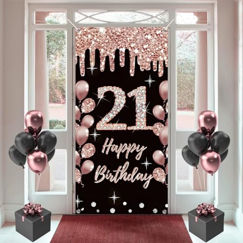 21e verjaardag decoratie voor meisjes gelukkig 21e. Verjaardag Poster Deur Banner Zwart en Rose Stof Teken Muur / Deur Banner 21e Verjaardag Achtergrond Banne r Meisjes Verjaardag Party Welkom Teken