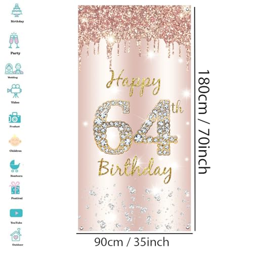 64e verjaardag Decoratie Vrouwen, Gelukkig 64e verjaardag Deur Banner Rose Gold,64e Verjaardagsstof Tekenposter Deur Decoratie,64e verjaardag achtergrond Banner Dames,Birthday Party Welkom Teken