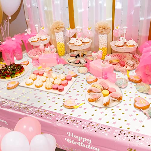 2 stuks 137 x 183 cm Tafellakens Verjaardag Meisjes Pink Gelukkige verjaardag Tafelkleed Wasbaar Plastic Rechthoekige Party Tafelkleed voor kinderen verjaardag Meisjes etc. (Dikte: 0,02mm) 5