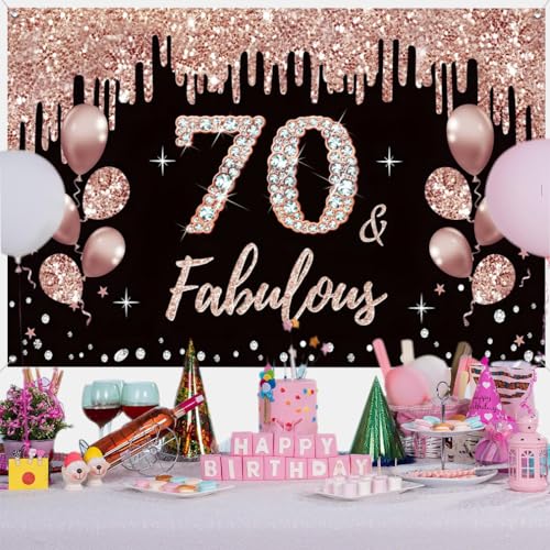70e verjaardag decoratie voor vrouwen, 70e verjaardag decoratie zwart en rose goud glitter vlekken stof schild plaard 70e verjaardag achtergrond banner vrouw 70e verjaardag feest decoratie
