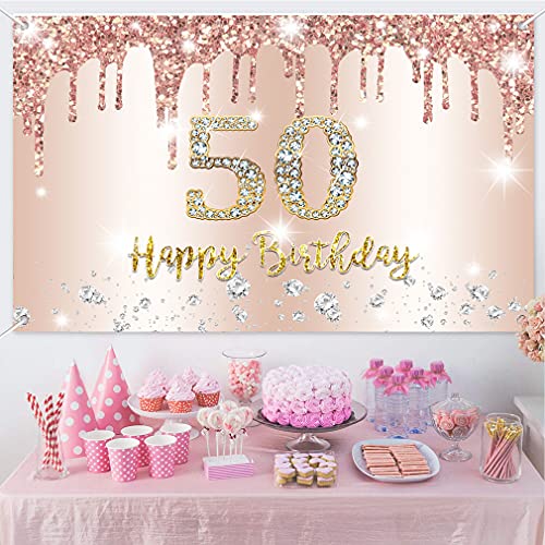 50e verjaardag decoratie vrouwen, glitter roos goud stof teken poster verjaardag feest decoratie,50e verjaardag achtergrond banner vrouw 4