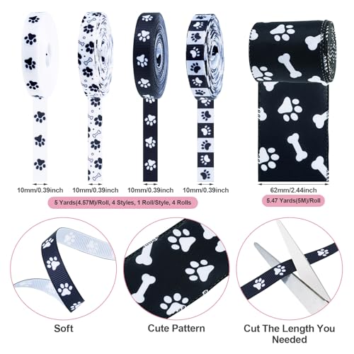 5 Rolls Paw Afdrukken Grosgrain Lint Zwart/Wit Bone Patronen Lints 10mm Animal Thema Honden Paw Afdrukken Polyester Lints voor kleding DIY het maken van decor Bow 4