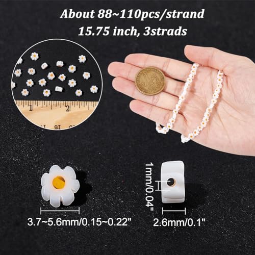 300st 3 Strands Daisy kralen, Handgemaakte Millefiori Glazen kralen, Flat White Bloem voor Kettingen, Armbanden, Oorbellen, Sieraden maken