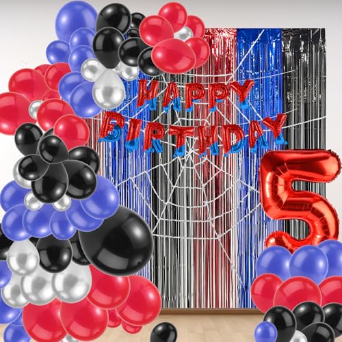Spider Party decoraties, Inclusief brief Banner nummer ballon Spider web achtergrond hangen gordijnen ballonnen in verschillende maten voor baby douche decoratie voor jongens meisjes (Nummer 5) 5