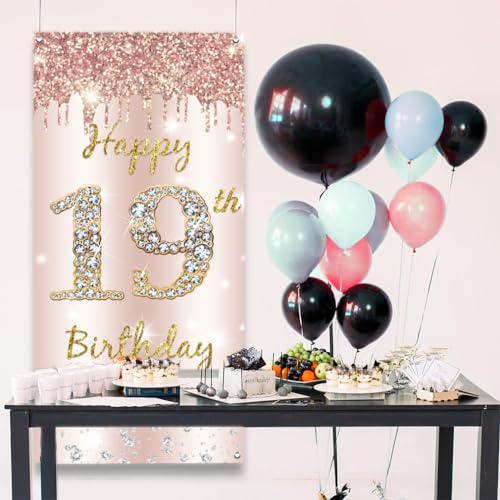 19e verjaardag meisje decoratie, deur decoratie rozengoud, stof tekenen 19e verjaardag door hangen poster, 19e verjaardag achtergrond Banner Party welkom tekenen 5