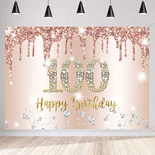 Verjaardag decoratie voor vrouwen, rozengoud, glitter, vlekken, stof, teken, poster verjaardag, decoratie, 100e verjaardag achtergrond banner vrouwen, 100 verjaardag feest decoratie 3