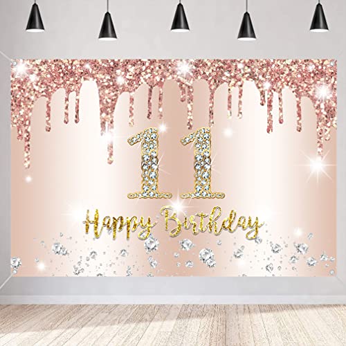 11e verjaardag meisje decoratie, 11e verjaardag Banner Rose Gold, 11e verjaardag stof sign poster, 11e verjaardag achtergrond Banner meisje verjaardag feest decoratie