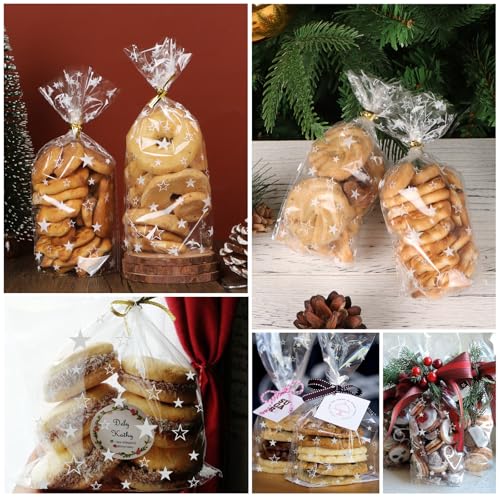 100 stuks 16 x 9 cm kerst cellofaan snoepzakken, kerstster holdere traktatie zoete goody zakken met gouden twist stropdas voor winterkerstfeest verjaardagen 4