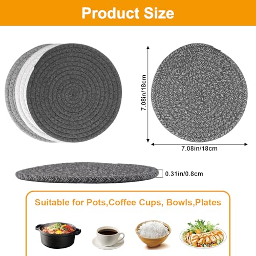 4 stuks onderzetters Diameter 18cm Rond Gevlochten onderzetters, Heat Resistant Coaster Set, Gevlochten Hot Pads Non Slip Coaster van Katoen Placemats voor Keuken, Potten, Pannen en Platen