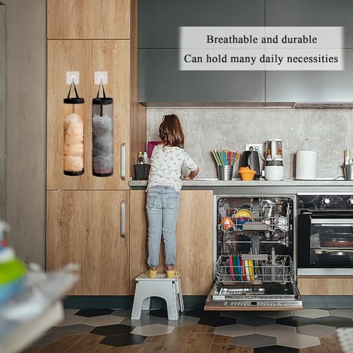 3 stuks plastic zakhouder, opknoping vuilniszak draagtas opslaghouder met 3 stuks plakkerige haken opvouwbare Mesh hangbare opslagzak plastic zakdispenser voor thuis keuken vuilniszak opslag 4