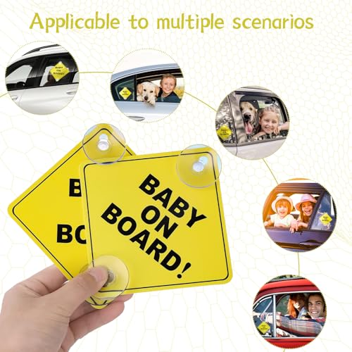 2 st. Baby aan boord van de auto waarschuwingsborden, Baby aan boord Stickers Auto met 2 Zuigbekers, Baby aan boord Sticker Car, 12 x 12cm veiligheidsauto Teken, Kinderen Auto Teken, voor Auto Windows, Herbruikbaar 4
