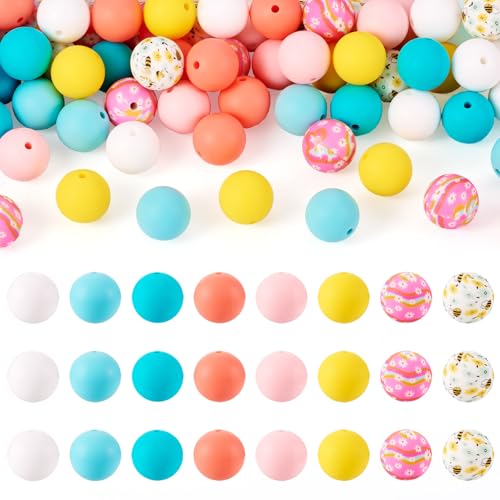 80 stuks Ronde Siliconen kralen Rubber Focal Kleurrijke Kralen Bloem Gedrukte Gumball Losse Spacer 15mm kralen voor sieraden ketting kralen Pen sleutelhanger oorbellen Lanyard armband ambachtelijk