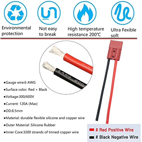 120A 600V Batterij Plug Batterij Cable Connector Batterij Quick Coupler/Connection Plug met 6 AWG 25cm Siliconen Kabel voor Boot, Caravan, Auto, Camper (2 Sets, Rood) 3