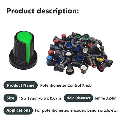 60 stuks potentiometerregelaar 6 mm kartelschachtgat potentiometer volume controle draaiknop 15 x 17 mm kleur wit, blauw, rood, geel, groen, oranje 4