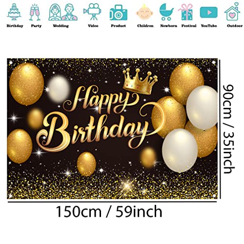 Gelukkige verjaardag feest decoratie voor mannen/vrouwen, 30ste 40ste 50ste 60ste Verjaardagsstof Tekenposter Verjaardagsfeest Achtergrond Banner Verjaardagsdecoratie Zwart en Goud, 150cm x 90cm