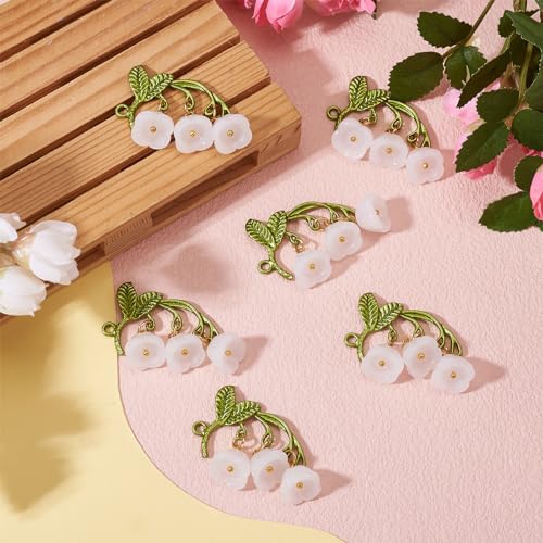 10 st. Lily van de vallei glazen connector charmes met groen legering blad wit bloem bengelen charms klokken bloem voor DIY ketting oorbellen sieraden maken, Glas, Glas 3