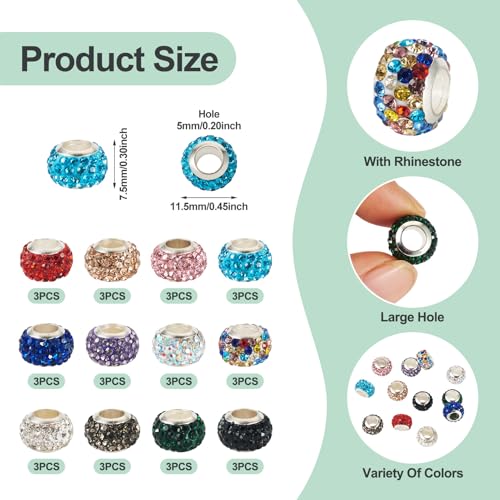 36 stuks strass Europese kralen 12 mm rondelle legering klei spacer kralen 12 kleuren kristal strass groot gat kraal voor doe-het-zelf armband ketting sieraden maken 4