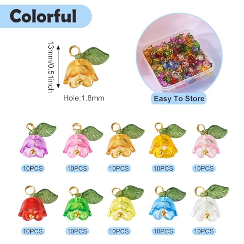 10 Kleuren Lily Bloemen Hangers Transparante Acryl Lily van de Valley Petal Bedels met blad voor DIY oorbellen Ketting Bevindingen Bulk sieraden maken leveringen, messing, messing