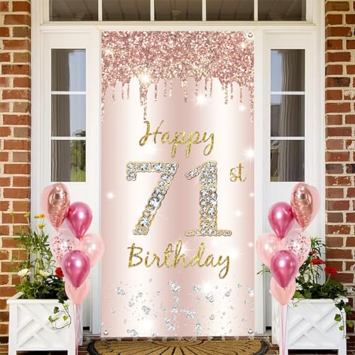 71ste verjaardag decoratie vrouwen, gelukkig 71ste verjaardag deur Banner Rose Gold,71st Verjaardag Stof Tekenposter Deur Decoratie,71e Verjaardag Achtergrond Banner Dames,Birthday Party Welkom Teken 3