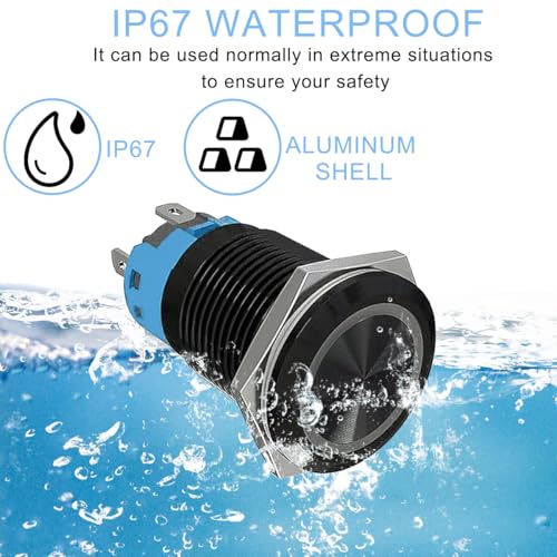 2Scs 16mm Latching Push Button Switch 12V DC Waterdichte Power Button Switch 0.63" Montagegat met Wire Socket Plug, LED-licht voor auto's boten schepen vrachtwagens 4