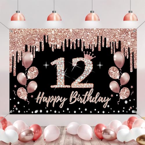 12e verjaardag decoratie voor meisjes, feest decoratie zwart en roos goud, 12e verjaardag stof teken opknoping poster, 12e verjaardag achtergrond banner partij welkom teken