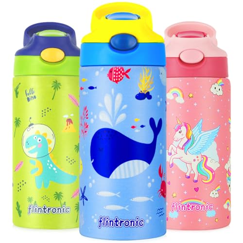 350ml/12oz Kinder Roestvrij stalen waterfles met stro, Vacuum Geïsoleerde Waterflessen, BPA Gratis, Flip Sport Waterfles, Metalen Leakproof Kleine Fles voor Jongens Meisjes Peuters