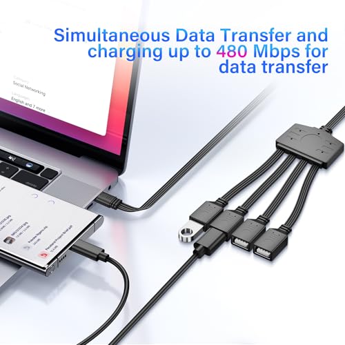 USB-C naar 4 USB-A Splitterkabel, USB 2.0 Extension Kabel met meerdere poorten opladen en gegevens synchroniseren, OTG-ondersteuning, 480Mbit/s Transfer 1m (S)
