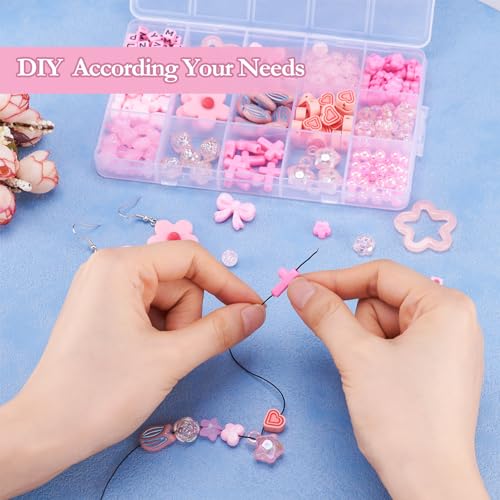 225 Stuks verschillende acryl kralen en bedels sieraden maken Kits Kubus brief kralen bloem vlinder kruis Bow Spacer kralen Bulk voor DIY armband sieraden maken, Roze 3