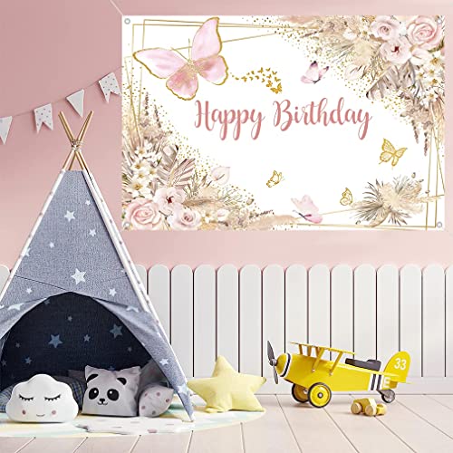 Verjaardag Decoratie, Gelukkige Verjaardag Achtergrond, Banner, Party Decoration voor meisjes, Vlinders en bloemen, Verjaardag Partij, Stof Tekenposter Verjaardag Foto Achtergrond, 150 x 90 cm 5