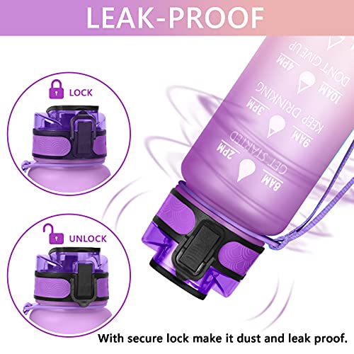 Sport Waterfles 1000 ml Tritan BPA Gratis met stro en tijdstempel voor volwassenen Sport Fitness School kleurverloop paars/oranje