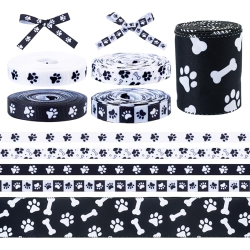 5 Rolls Paw Afdrukken Grosgrain Lint Zwart/Wit Bone Patronen Lints 10mm Animal Thema Honden Paw Afdrukken Polyester Lints voor kleding DIY het maken van decor Bow