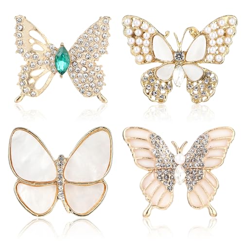 4 st. Butterfly Brooches voor vrouwen Rhinestone Parels Brooch Naalden Fashion Gold Brooches Lapel Pins Elegante Sjaal Lapel Pin Clip Badge Corsage sieraden metaal, metaal