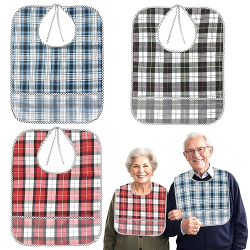 Adult Bibs for Women and Men, 3 Pack Waterproof en Herbruikbare Adult Bibs met Crumb Catcher, Kleding Beschermers voor Volwassenen, Ouderen en, blauw, rood en zwart