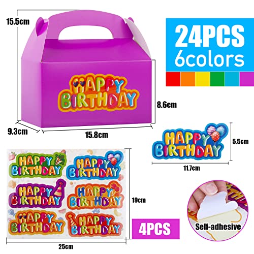 Verpakking van 24 geschenkdozen 16 x 9 x 8,5 cm geschenkdozen kleurrijke draagbare papieren dozen met 24 stuks Gelukkige verjaardag stickers, geschenkdozen voor verjaardagen, geschenkverpakking, snoepdozen, enz.