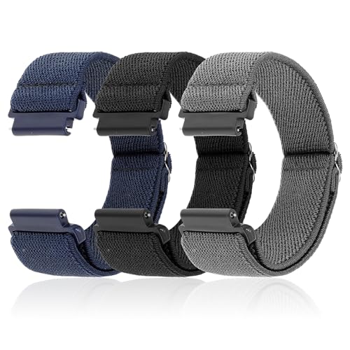 3 st Elastische Smartwatch Band Compatibel met 20mm Horlogeband, Vervangende Polsband Verstelbare Elastische Nylon Solo Loop Band Stof Gevlochten Sport Stretch Bands voor mannen en