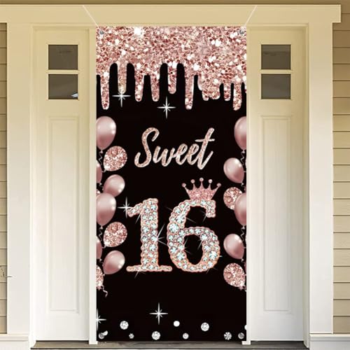 16e verjaardag decoraties voor meisje, gelukkig 16 jaar oude stof sign poster roze gouden achtergrond deur Banner, 16e verjaardag partij levert foto achtergrond welkom sign, 180cmx90cm