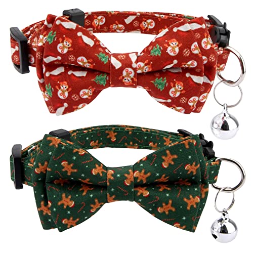 2 stuk Kerst Kattenhalsband met Bells en Bow Tie, verstelbare Kattenhalsband gescheiden Cute Kitten Collar Snowman Gingerbread Man voor Vrouwen Heren Katten Puppies