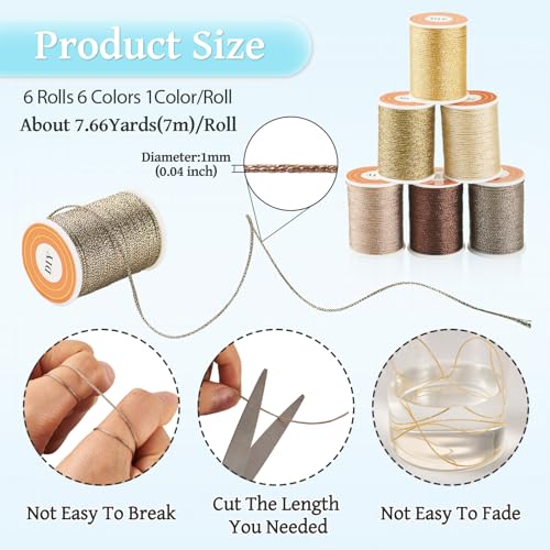 6 Rolls 1mm Metallic Threads Gevlochten borduurwerk Thread Gold Tan Bruin Macrame Cord Naaidraad voor Tatting Quilt Vriendschap armband sieraden maken 3