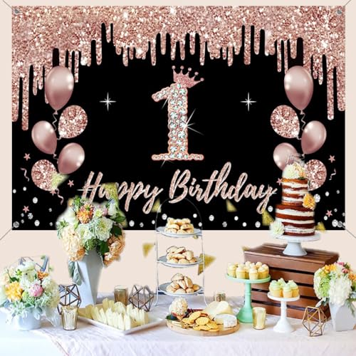 1e verjaardag decoratie voor meisjes, feest decoratie zwart en rose goud, 1e verjaardag stof teken opknoping poster, 1e verjaardag achtergrond banner partij welkom teken 4