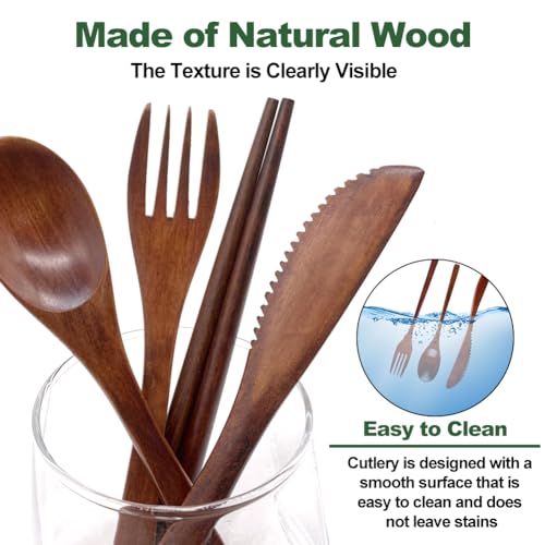 Houten bestek Set voor kinderen, 4-Piece Herbruikbare en draagbare houten tafel Bestek met 1 Lepel, 1 vork, 1 Baguette, 1 mes en zak 5