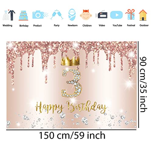 Gelukkige 3e verjaardag achtergrond Banner partij decoratie voor meisje gelukkig 3 jaar oude stof sign poster, Glitter roze fotografie achtergrond derde verjaardag Partij Tafeldecoratie 150x90cm