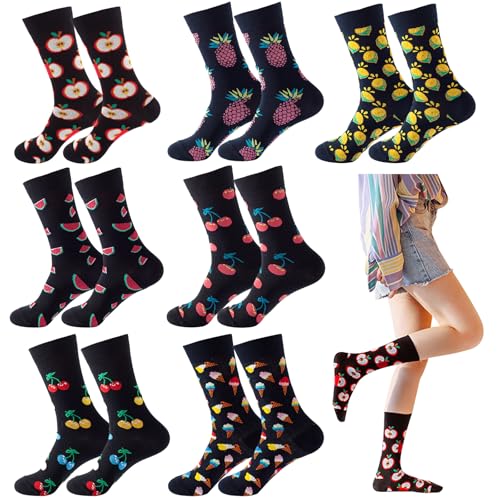Grappige sokken voor vrouwen, 7 paar novelty fruit patroon, Wekelijkse sokken, Comfortabele katoenen sokken voor vrouwen, Maat 6-7.5, Multiverpakking, Multicolor., One Size, Meerkleurig