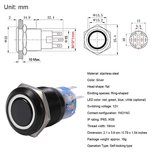 LED-duwknop, 19mm 12V-24V metalen LED aan/uit Zelfvergrendelende drukknop Waterdichte 12V-schakelaar Drukknop (2 stuks, wit) 5
